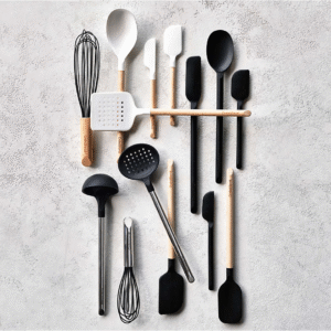Crate & Barrel Wood & Black Silicone Utensils – Set of 10